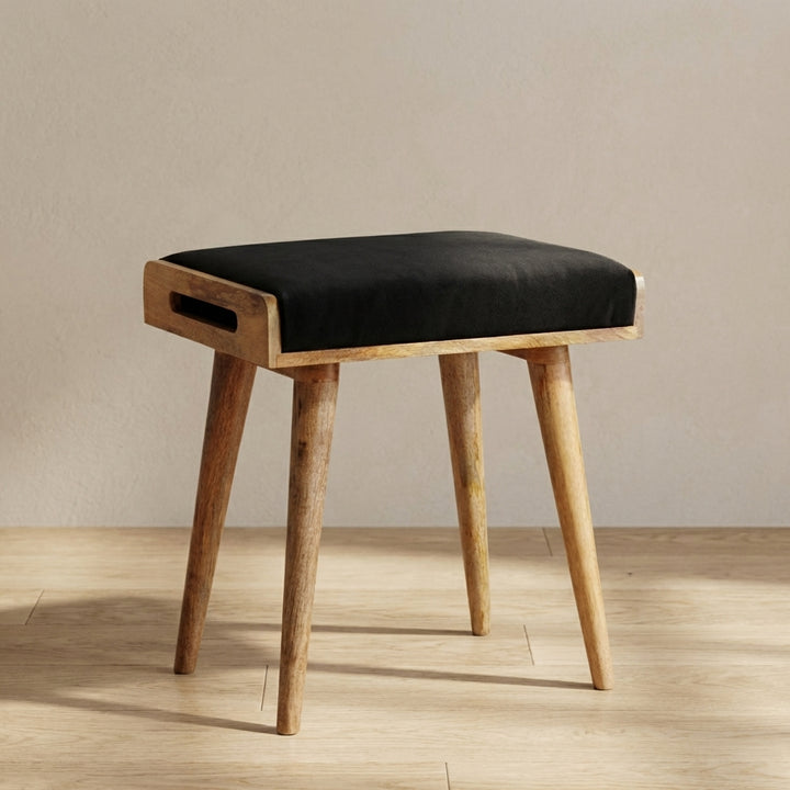 Black Velvet Tray Style Footstool - Solid Mango Wood Accent Stool for Living Room - main view showing handcrafted solid...