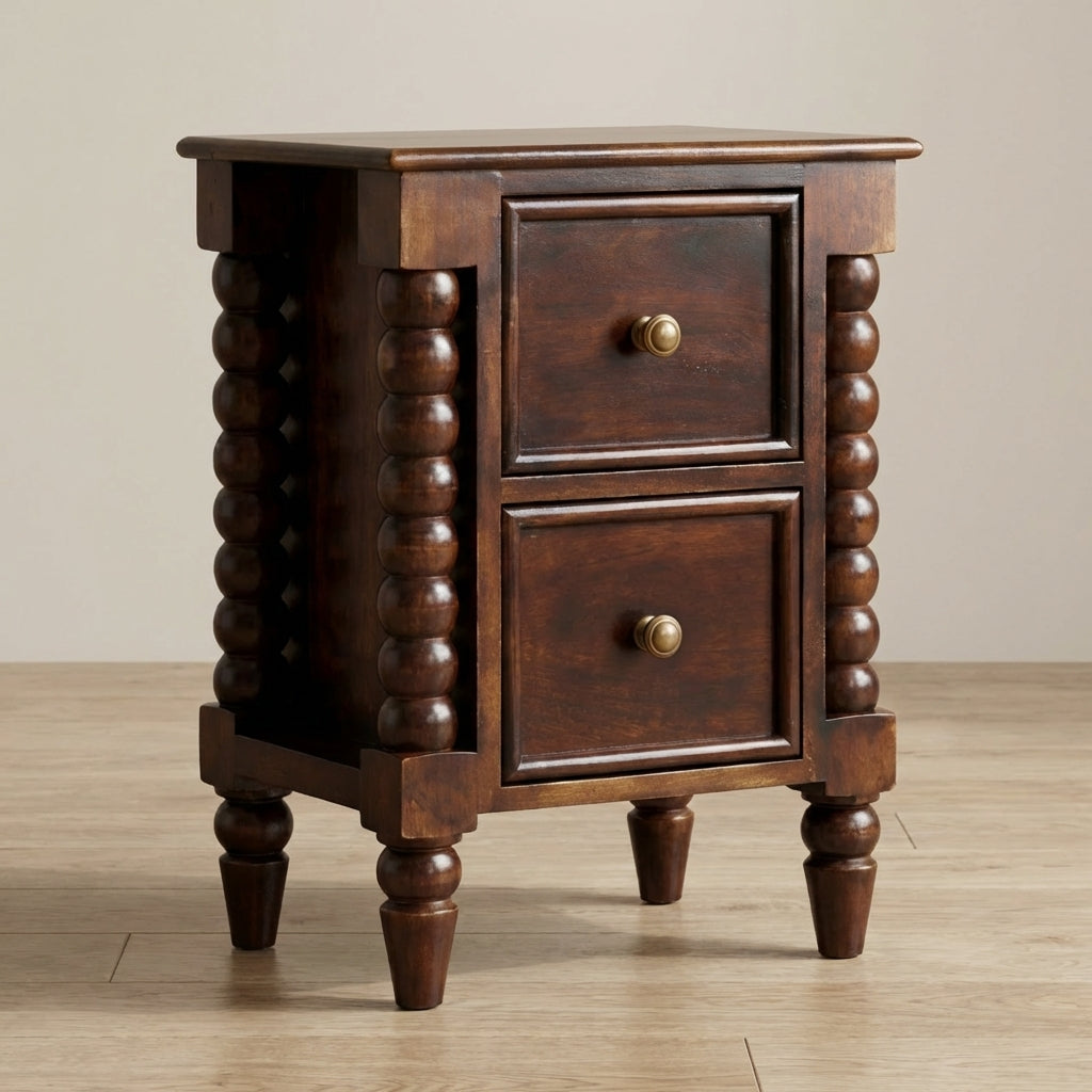 Handcrafted Bexley Spindle Nightstand - Solid Mango Wood Bedside Table for Bedroom - main view showing handcrafted solid...