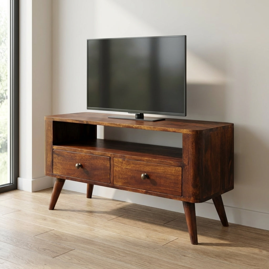 Mid-Century Modern Bera TV Stand - Solid Mango Wood Entertainment Center for Living Room - main view showing handcrafted...