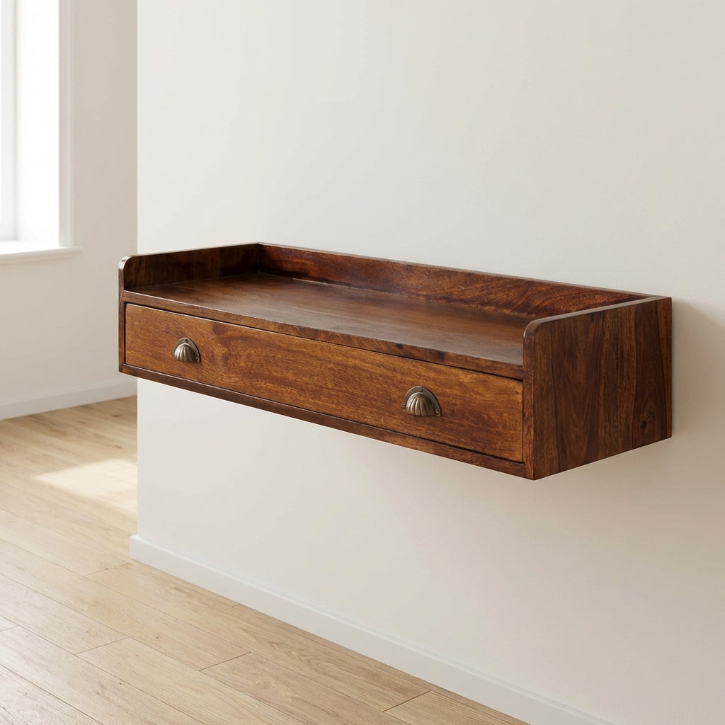 Mid-Century Modern Belmont Floating Console Shelf - Entryway & Hallway Table in Solid Mango Wood - main view showing...