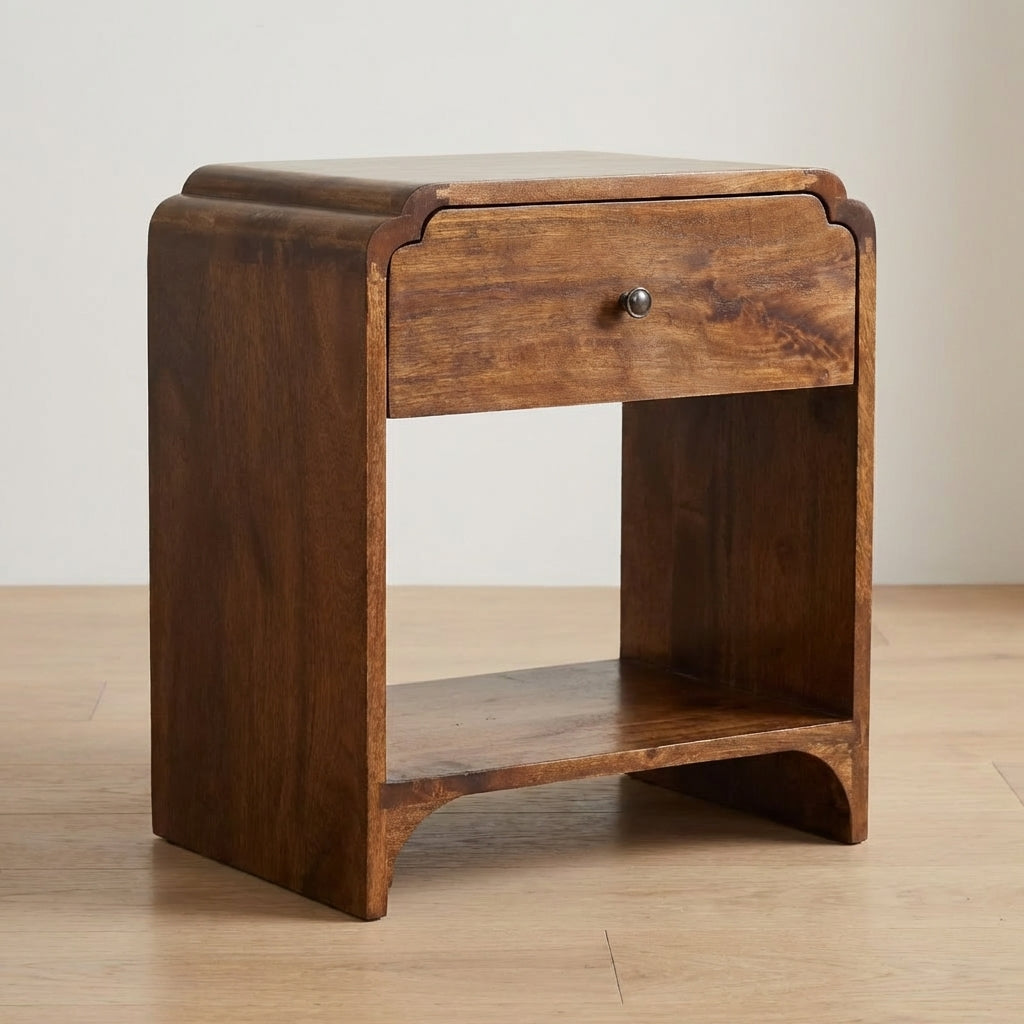 Mid-Century Modern Mango Wood Nightstand with drawer, perfect for elegant bedroom storage.