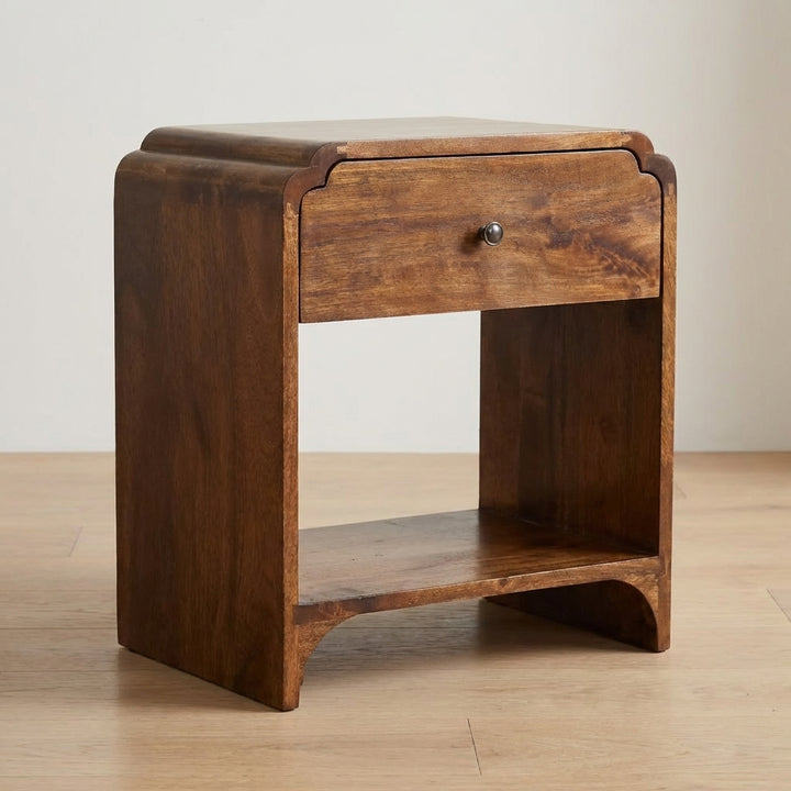 Mid-Century Modern Newton Nightstand - Solid Mango Wood Bedside Table for Bedroom - main view showing handcrafted solid...