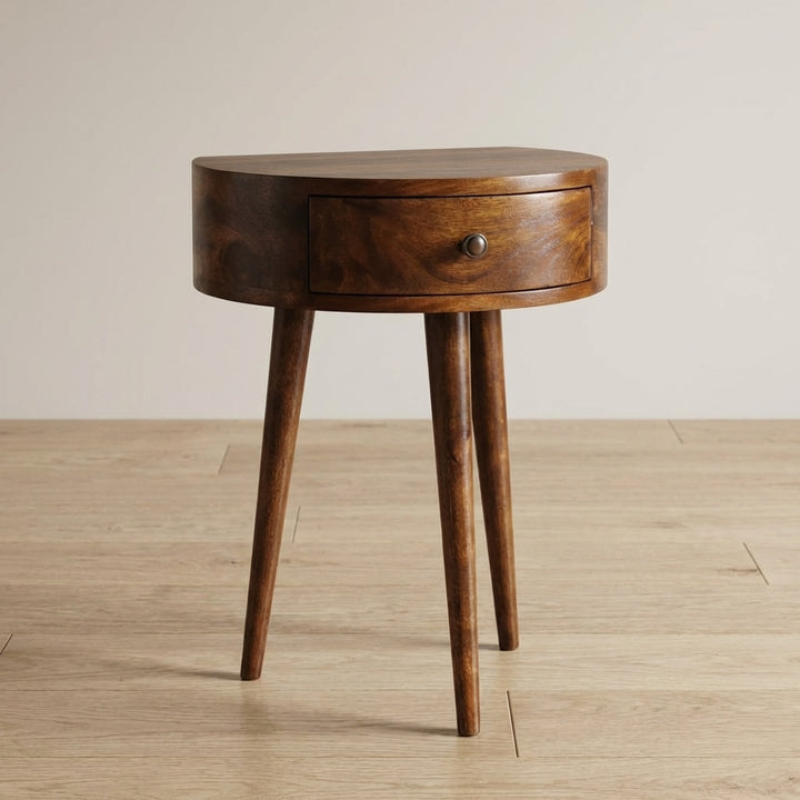 Chestnut Semi Circle Nightstand - Solid Mango Wood Bedside Table for Bedroom - main view showing handcrafted solid mango...