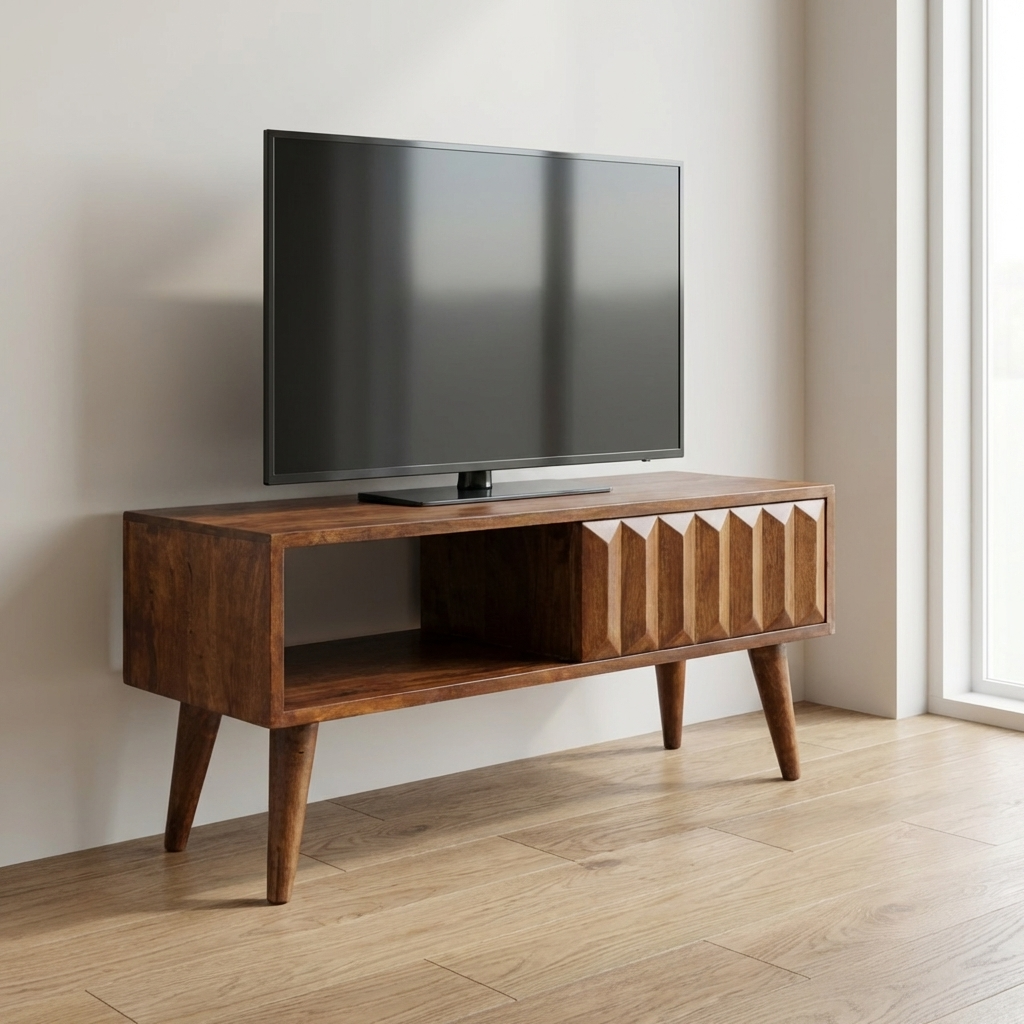 Chestnut Prism Sliding TV Stand - Solid Mango Wood Entertainment Center for Living Room - main view showing handcrafted...