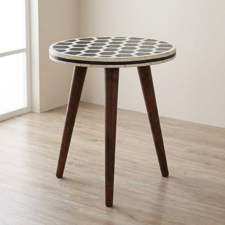 Bone Inlay Tripod End Table - Solid Mango Wood Side Table - main view showing handcrafted solid mango wood stool