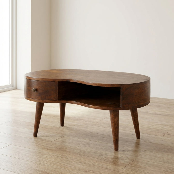 Chestnut Wave Coffee Table - Solid Mango Wood Center Table for Living Room - main view showing handcrafted solid mango...