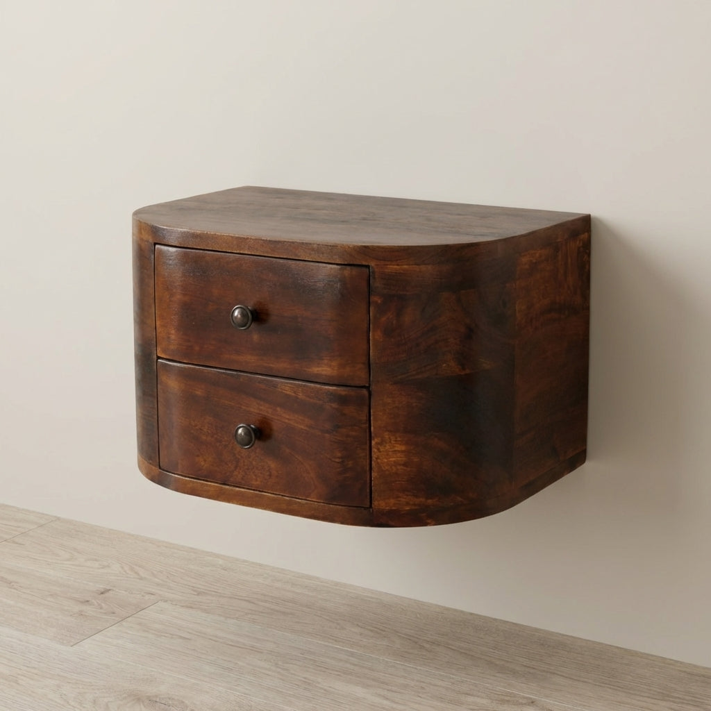 Lunar 2 Drawer Floating Nightstand - Solid Mango Wood Bedside Table for Bedroom - main view showing handcrafted solid...