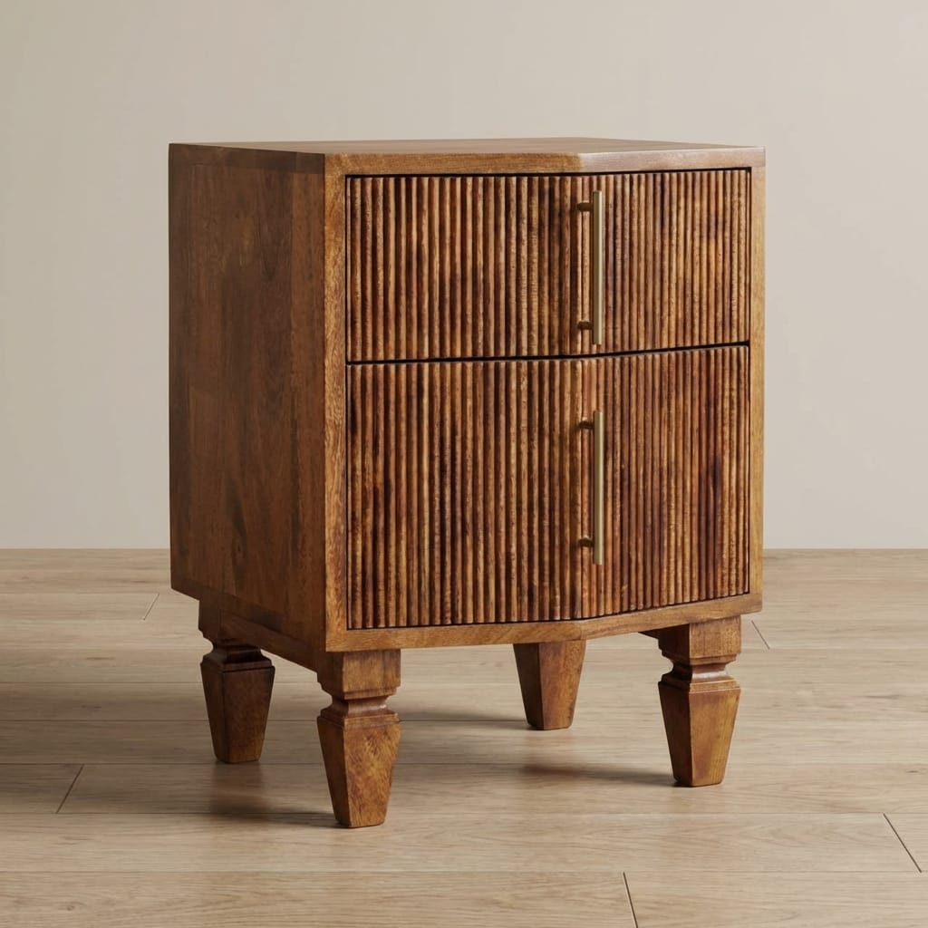 Louvre Nightstand - Solid Mango Wood Bedside Table for Bedroom - main view showing handcrafted solid mango wood nightstand