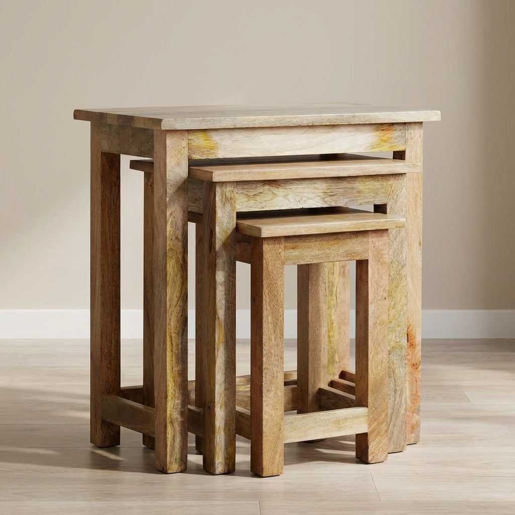 Farmhouse Country Nesting Tables - Solid Mango Wood Accent Tables Set - main view showing handcrafted solid mango wood stool