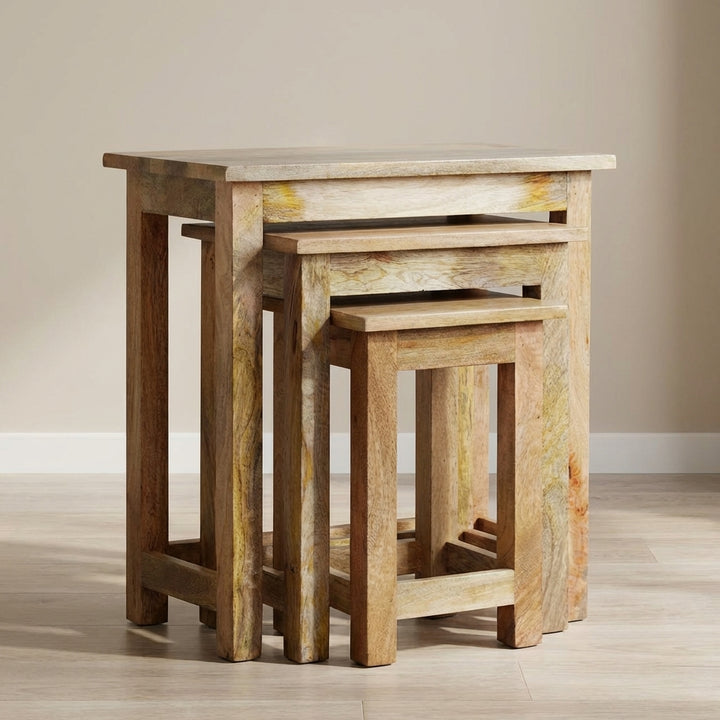 Farmhouse Country Nesting Tables - Solid Mango Wood Accent Tables Set - main view showing handcrafted solid mango wood stool
