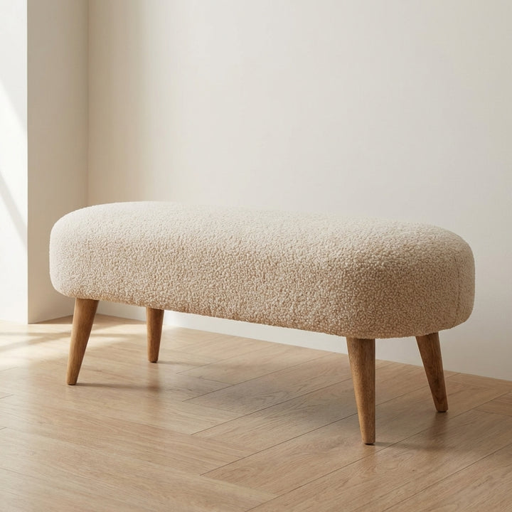 Handcrafted Boucle Hallway Bench - Solid Mango Wood Seating Furniture for Entryway - main view showing handcrafted solid...