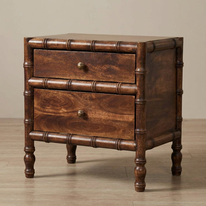 Farmhouse Bamboo Frame Nightstand - Solid Mango Wood Bedside Table for Bedroom - main view showing handcrafted solid...