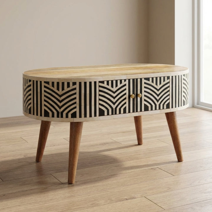 Edessa Bone Inlay Coffee Table - Solid Mango Wood Center Table for Living Room - main view showing handcrafted solid...