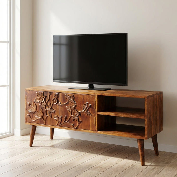 Handcrafted Botanic TV Stand - Solid Mango Wood Entertainment Center for Living Room - main view showing handcrafted...