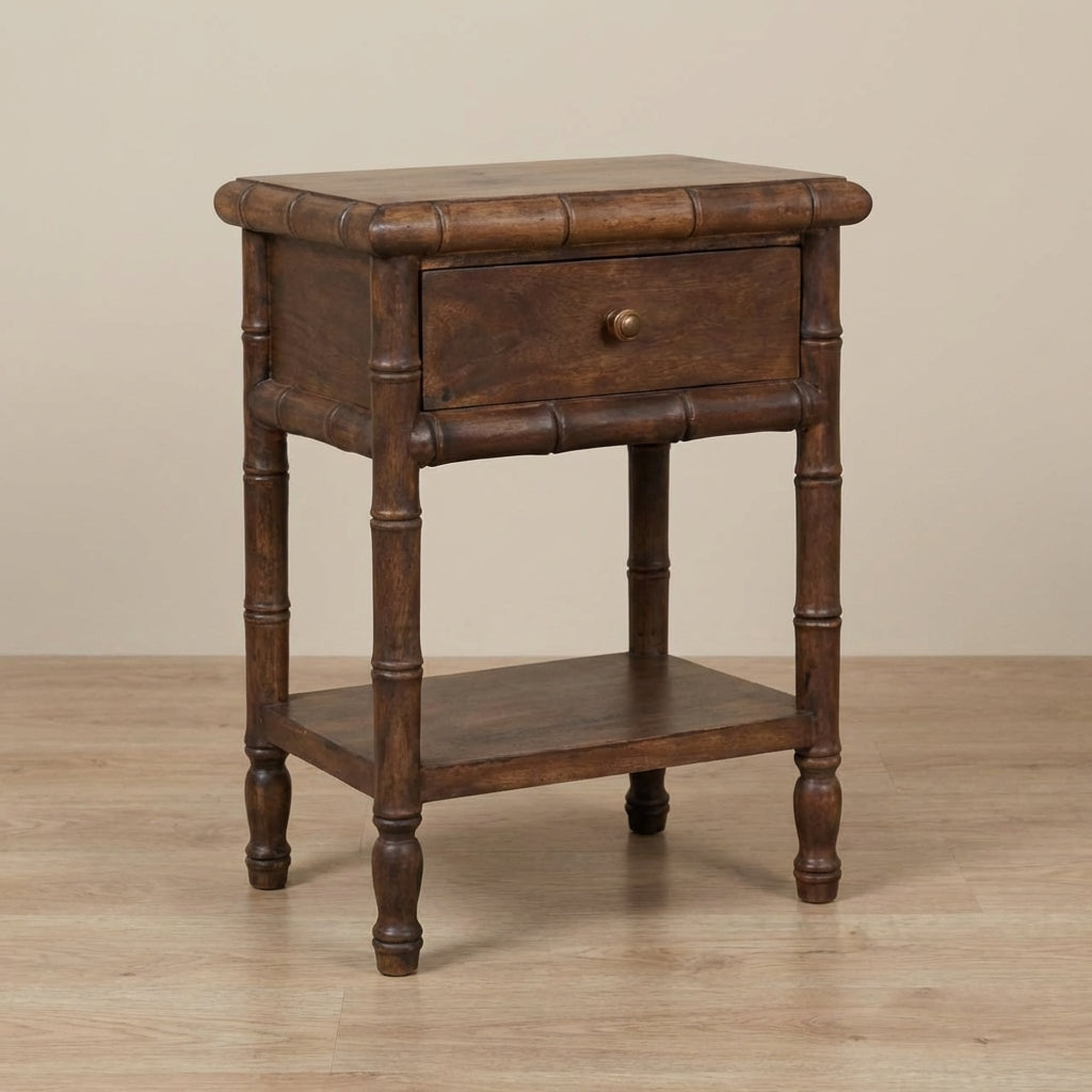 Carved Bamboo Nightstand - Solid Mango Wood Bedside Table for Bedroom - main view showing handcrafted solid mango wood...