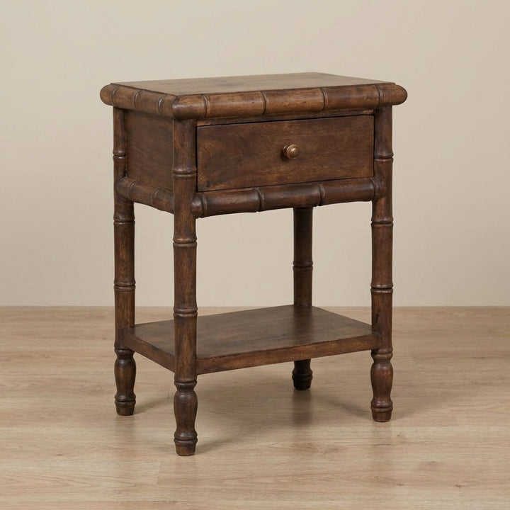 Carved Bamboo Nightstand - Solid Mango Wood Bedside Table for Bedroom - main view showing handcrafted solid mango wood...