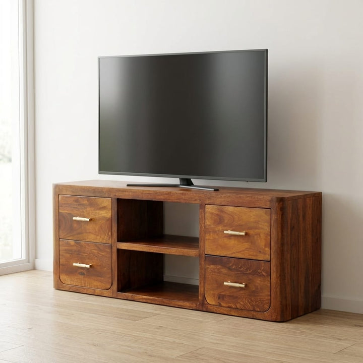 Mid-Century Modern Luca TV Stand - Solid Mango Wood Entertainment Center for Living Room - main view showing handcrafted...