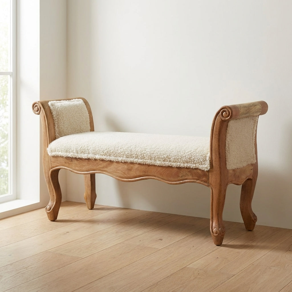 Cream Boucle French Style Bench - Solid Mango Wood Seating Furniture for Entryway - main view showing handcrafted solid...