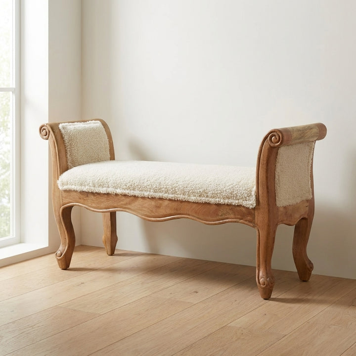 Cream Boucle French Style Bench - Solid Mango Wood Seating Furniture for Entryway - main view showing handcrafted solid...