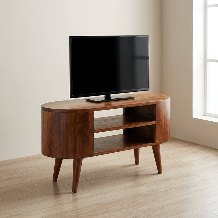 Cortez Chestnut TV Stand - Solid Mango Wood Entertainment Center for Living Room - main view showing handcrafted solid...