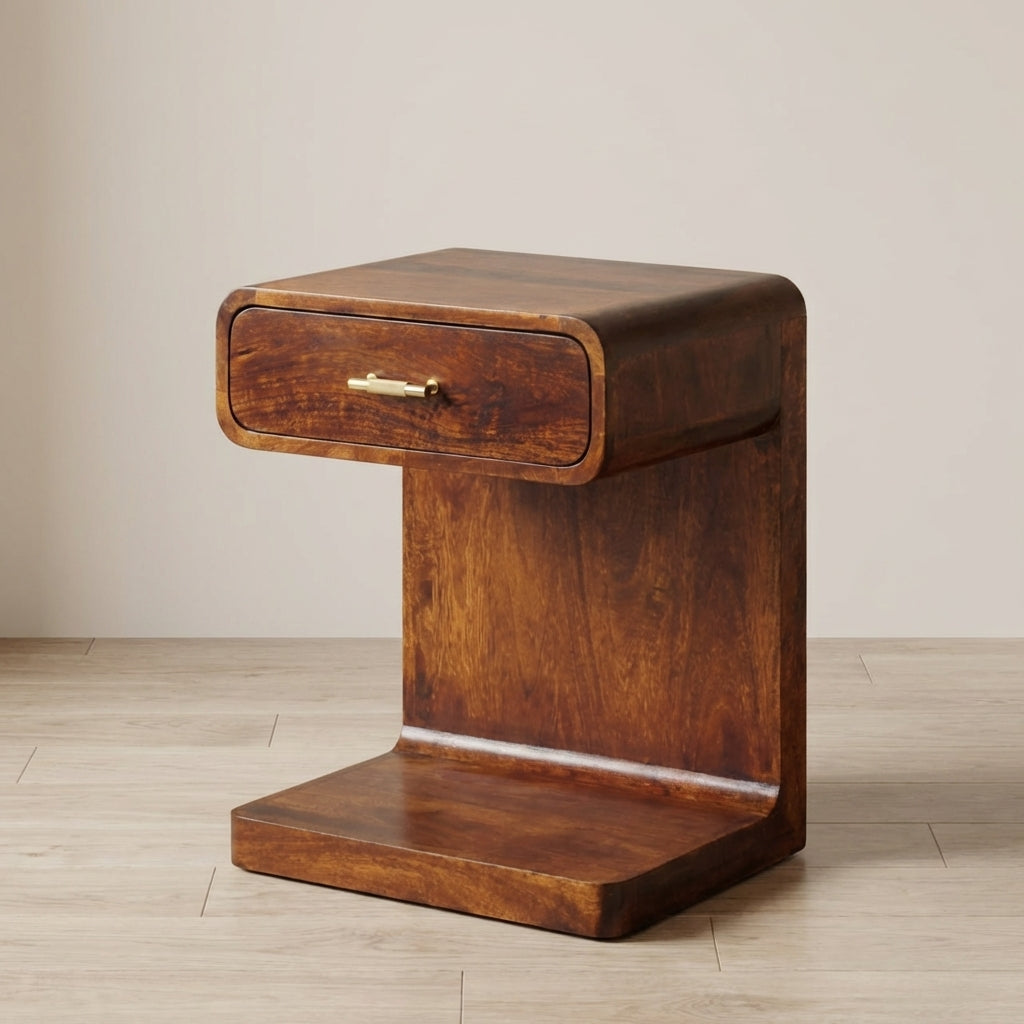 Chestnut T-Bar Rounded Nightstand - Solid Mango Wood Bedside Table for Bedroom - main view showing handcrafted solid...