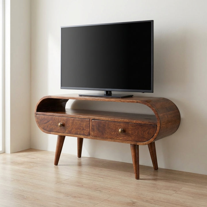 Handcrafted California Walnut Circular TV Stand - Solid Mango Wood Entertainment Center for Living Room - main view...