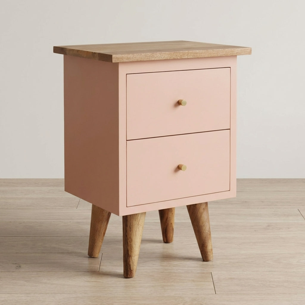 Handcrafted Blush Pink Hand Painted Nightstand - Solid Mango Wood Bedside Table for Bedroom - main view showing...