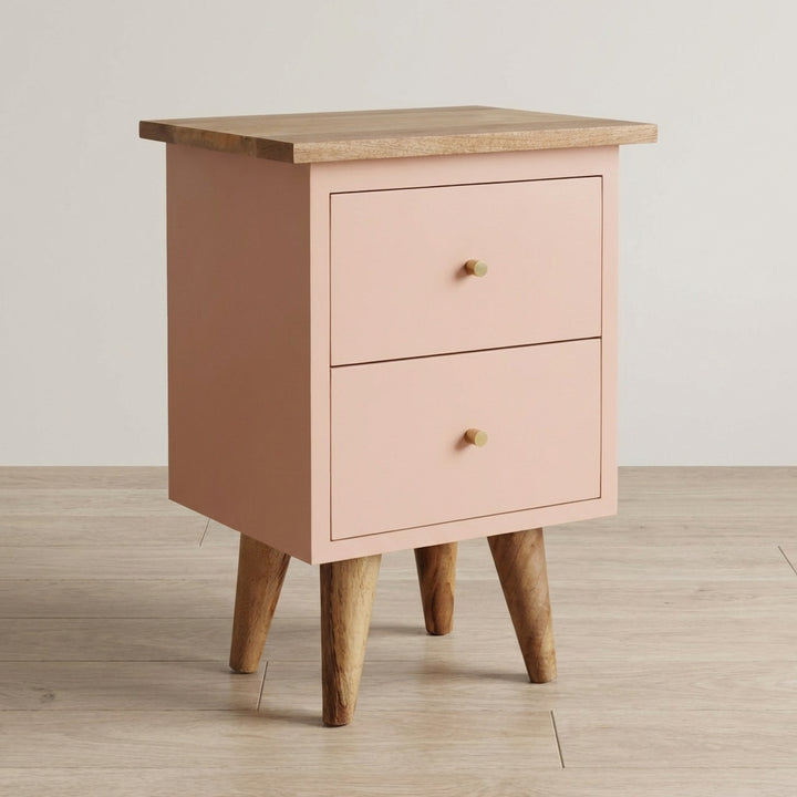 Handcrafted Blush Pink Hand Painted Nightstand - Solid Mango Wood Bedside Table for Bedroom - main view showing...