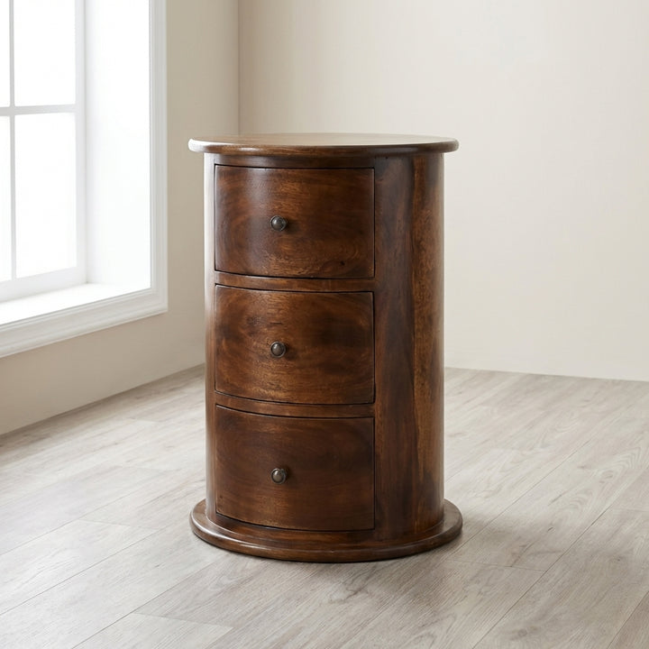 Functional Chestnut Drum End Table - Solid Mango Wood Side Table - main view showing handcrafted solid mango wood dresser