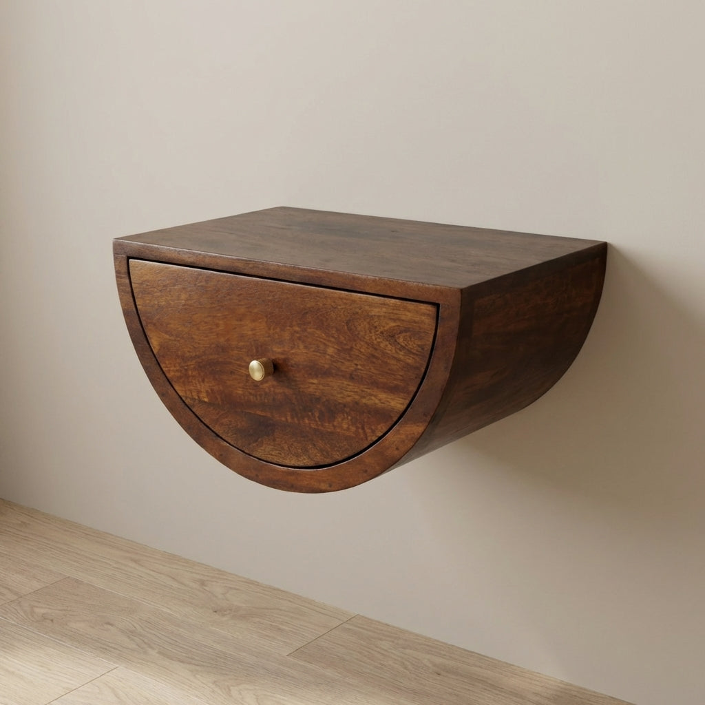Chestnut Crescent Floating Nightstand - Solid Mango Wood Bedside Table for Bedroom - main view showing handcrafted solid...