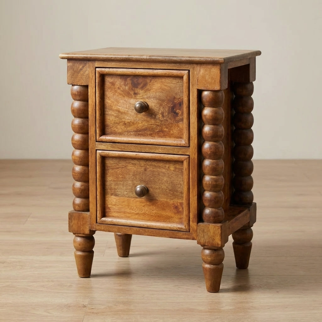 Barley Twist 2-Drawer Nightstand - Solid Mango Wood Bedside Table for Bedroom - main view showing handcrafted solid mango...