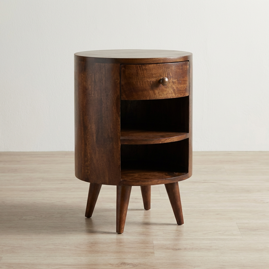 Cortez California Walnut Nightstand - Solid Mango Wood Bedside Table for Bedroom - main view showing handcrafted solid...
