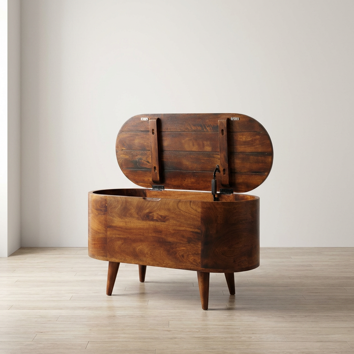 Handcrafted California Walnut Rounded Lid up Blanket Box - Solid Mango Wood Storage Trunk for Bedroom - main view showing...