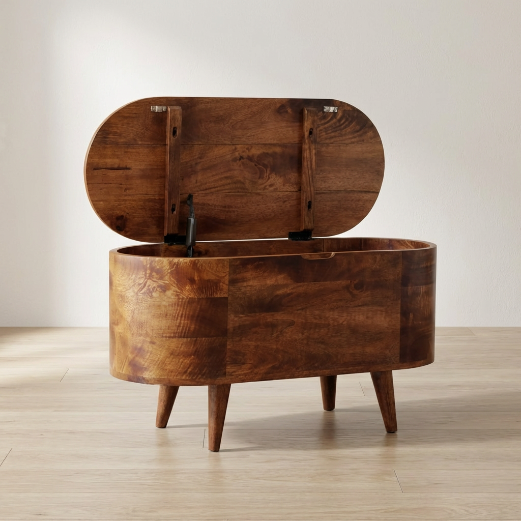 Honey Caramel Rounded Lid up Blanket Box - Solid Mango Wood Storage Trunk for Bedroom - main view showing handcrafted...