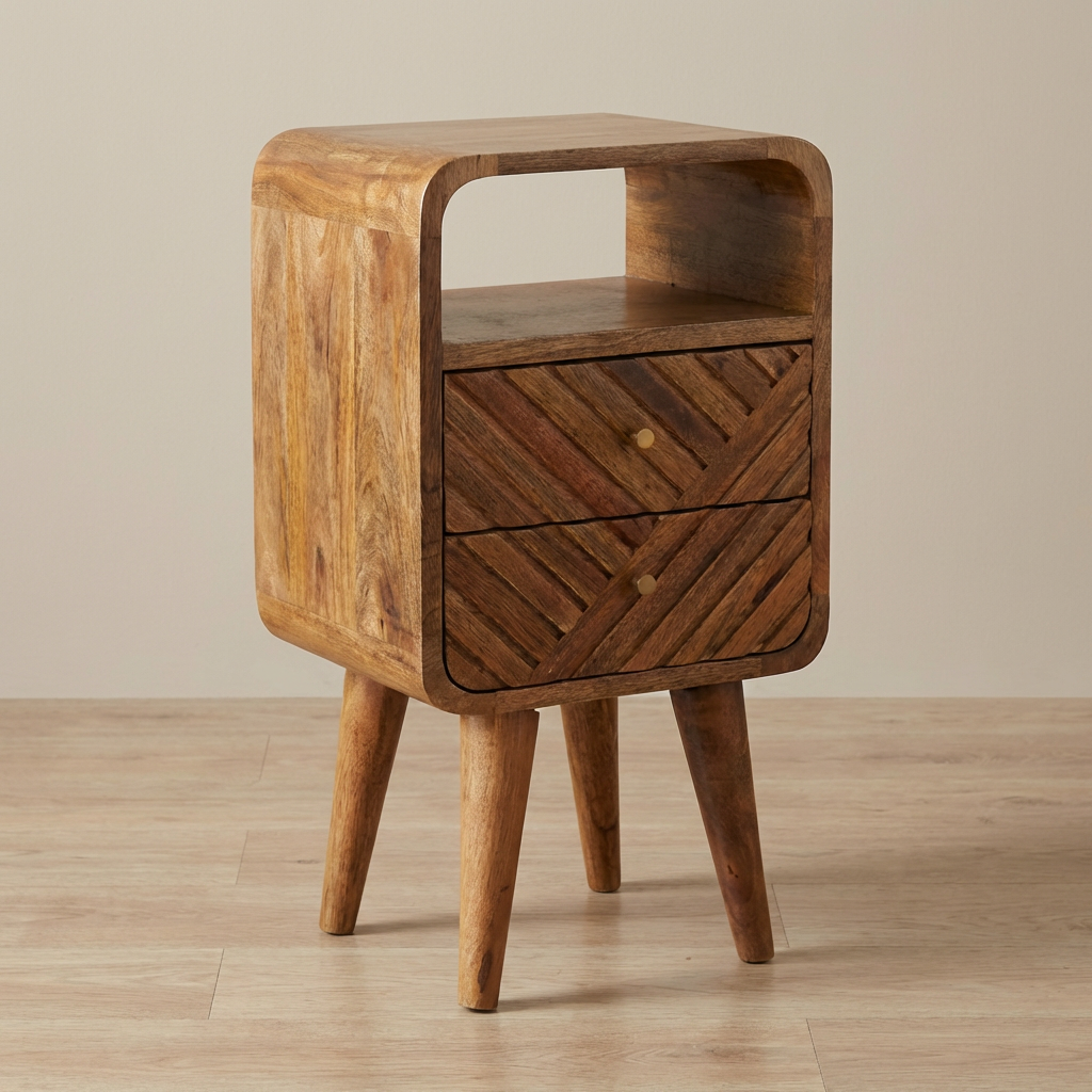 Handcrafted Mini Lille Curved Nightstand - Solid Mango Wood Bedside Table for Bedroom - main view showing handcrafted...