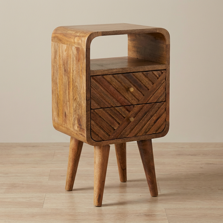 Handcrafted Mini Lille Curved Nightstand - Solid Mango Wood Bedside Table for Bedroom - main view showing handcrafted...