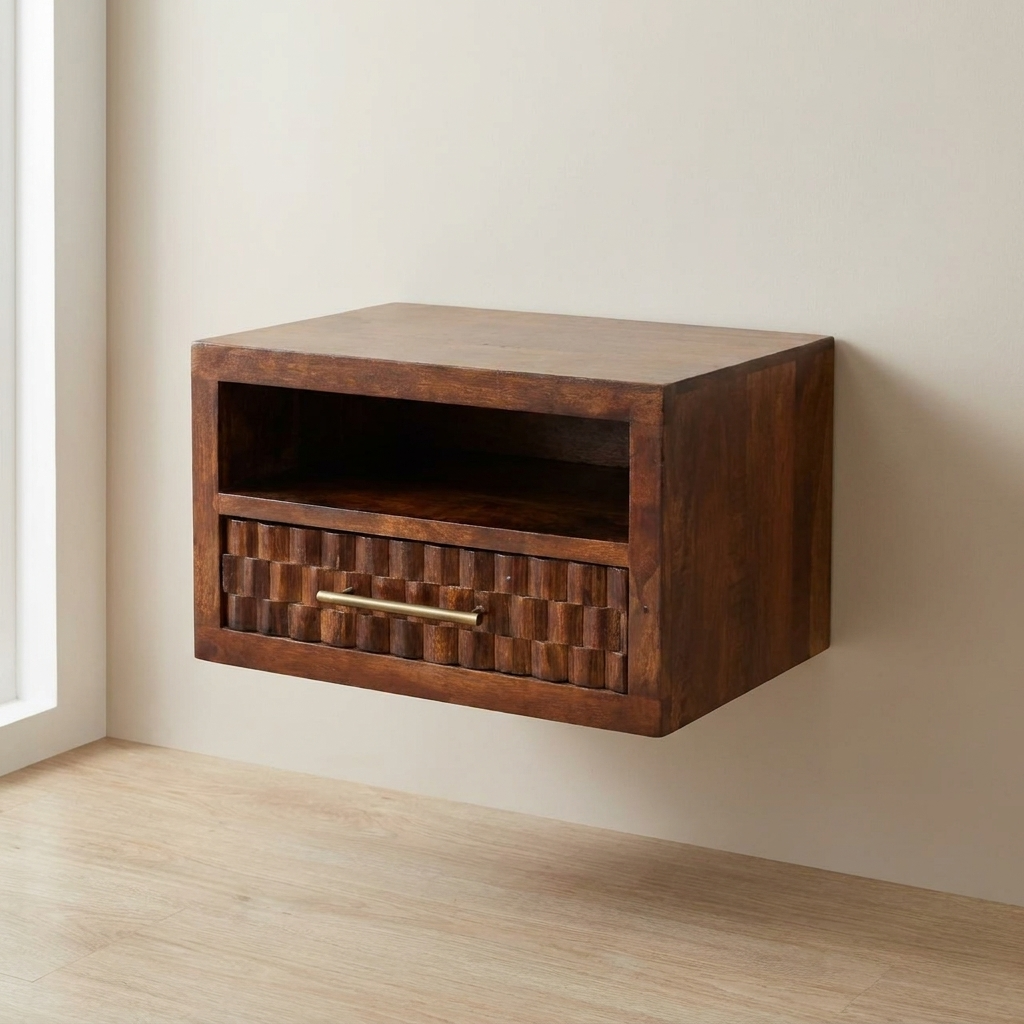 Cadiz Textured Bedside Table in Chestnut Tone – Solid Mango Wood Nightstand