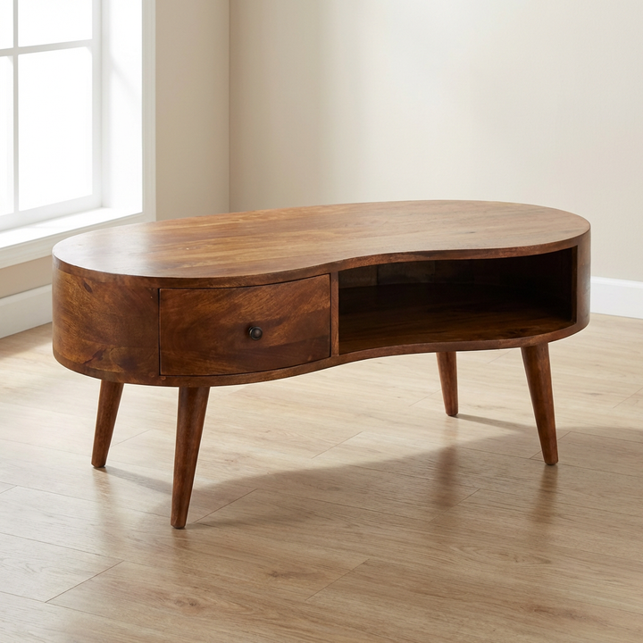 Chestnut Wave Coffee Table - Solid Mango Wood Center Table for Living Room - main view showing handcrafted solid mango...