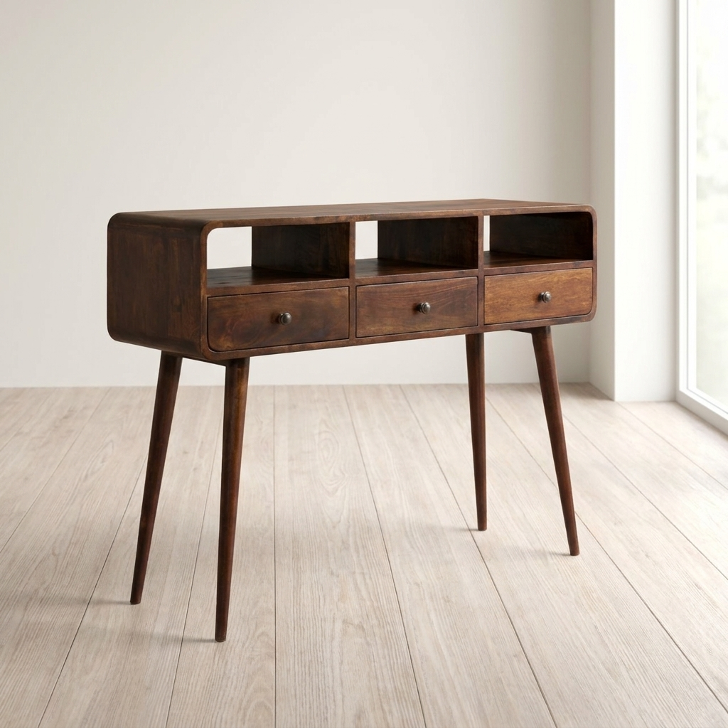 3 Drawer Console Table in California Walnut Tone – Solid Mango Wood Entryway & Hallway Table
