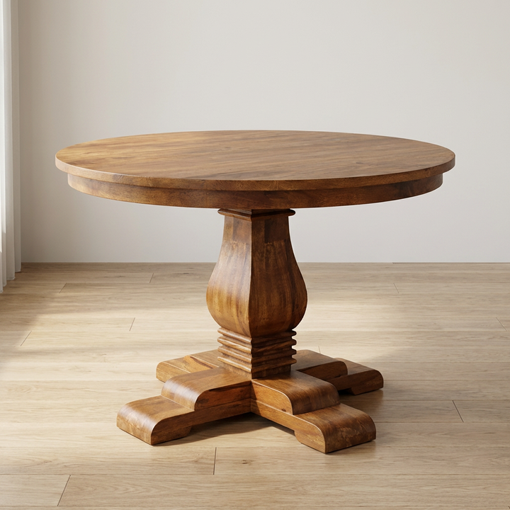 Round Dining Table in Amber Oak Tone - Solid Mango Wood Pedestal Dining Table - main view showing handcrafted solid mango...