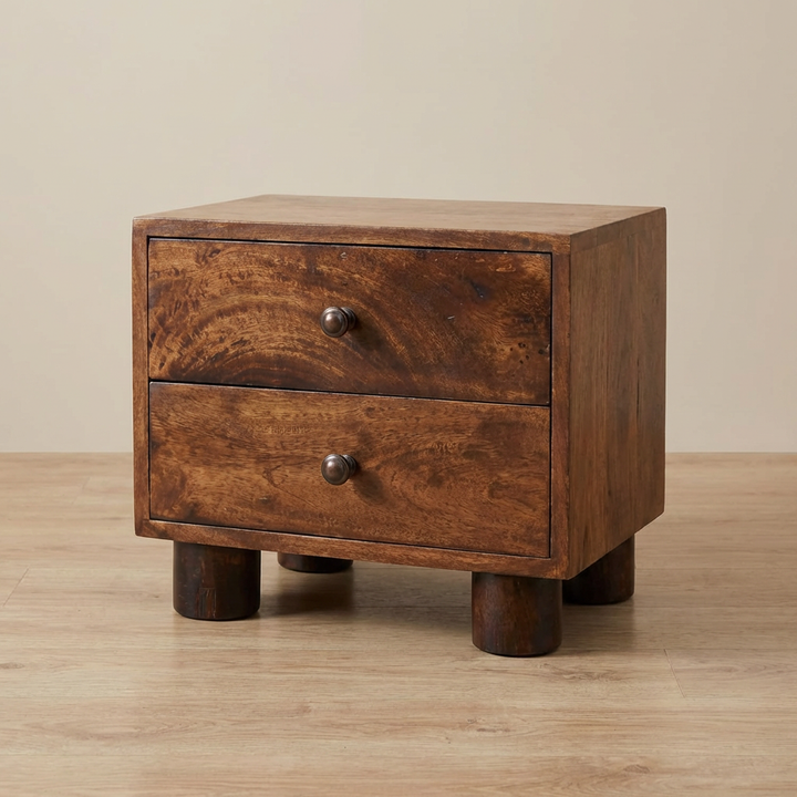 2 Drawer Bedside Table in California Walnut Tone - Solid Mango Wood Nightstand - main view showing handcrafted solid...