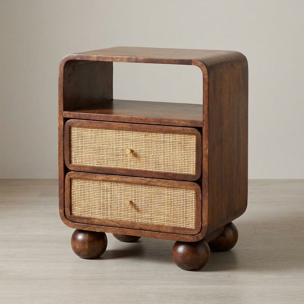 Rattan Front Bedside Table in California Walnut Tone - Solid Mango Wood Nightstand - main view showing handcrafted solid...