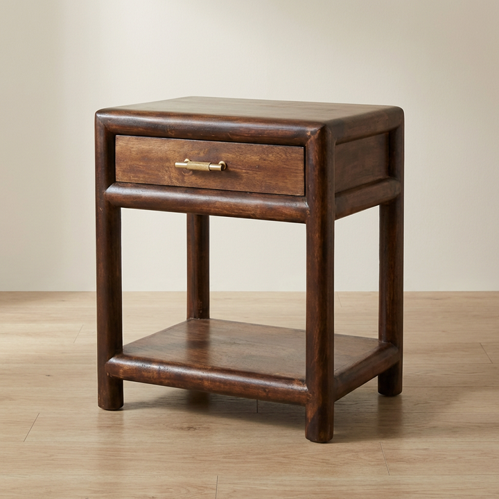 1 Drawer Bedside Table with Open Shelf in California Walnut Tone - Solid Mango Wood Nightstand - main view showing...