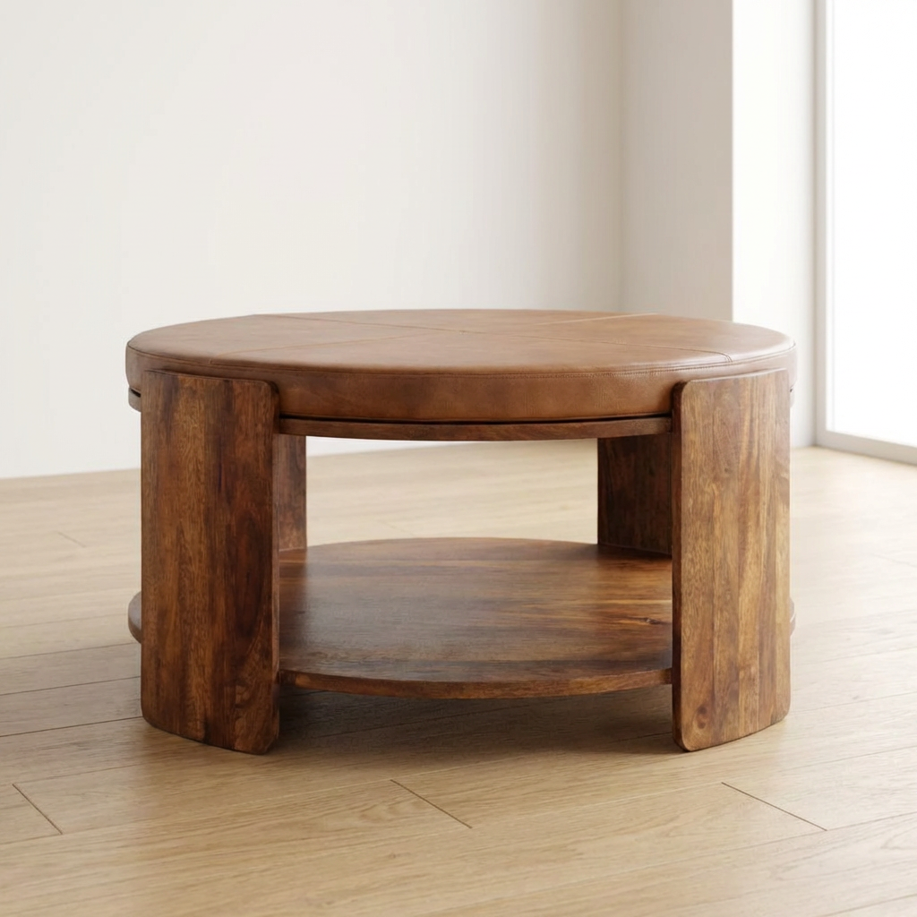 Savoy Leather Coffee Table - Solid Mango Wood Center Table for Living Room - main view showing handcrafted solid mango...