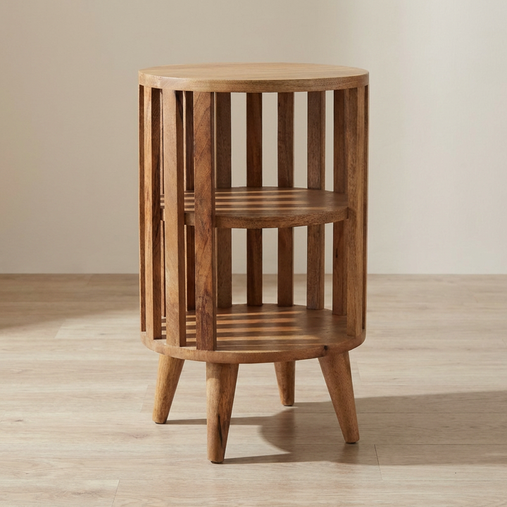 Ariella Double Shelf Oak-ish Nightstand - Solid Mango Wood Bedside Table for Bedroom - main view showing handcrafted...