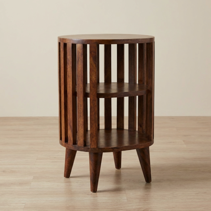 Ariella Double Shelf Chestnut Nightstand - Solid Mango Wood Bedside Table for Bedroom - main view showing handcrafted...