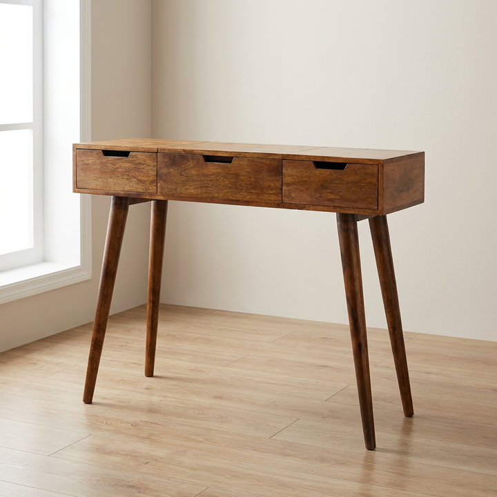 Chestnut Foldable Mirror Dressing Table - Solid Mango Wood Vanity Table for Bedroom - main view showing handcrafted solid...