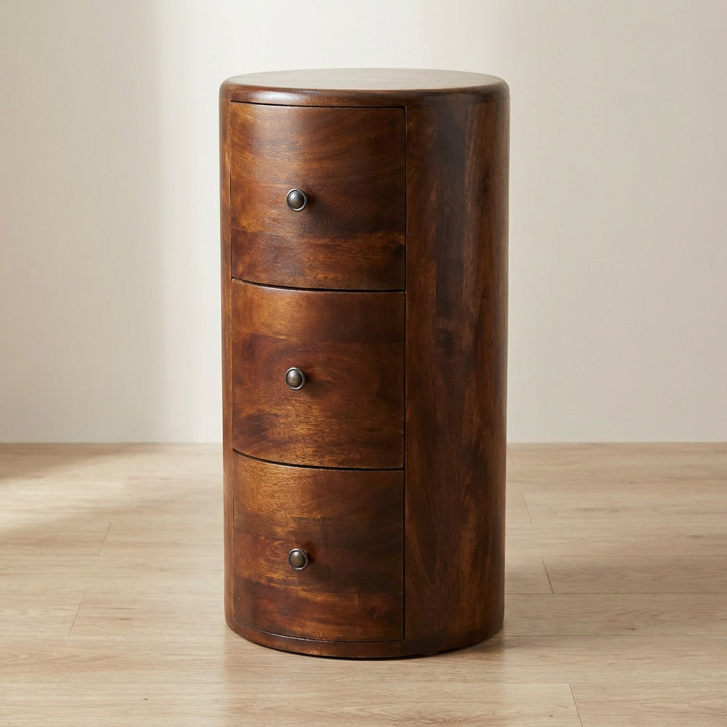 Chestnut Drum Side Table - Solid Mango Wood Round End Table for Living Room - main view showing handcrafted solid mango...