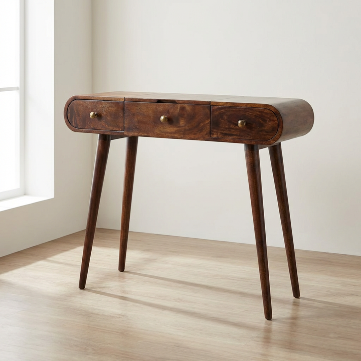 California Walnut Dressing Table - Solid Mango Wood Vanity Table for Bedroom - main view showing handcrafted solid mango...