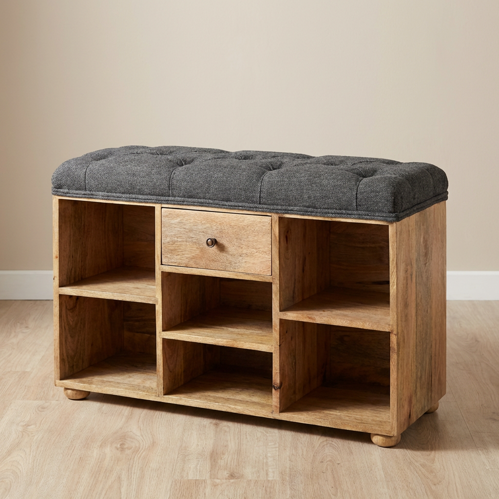 Handcrafted mango wood entryway bench with tufted gray cushion and storage compartments for organized seating.